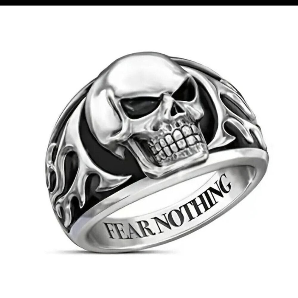 Fear Nothing Biker Skull Ring Flaming Skull